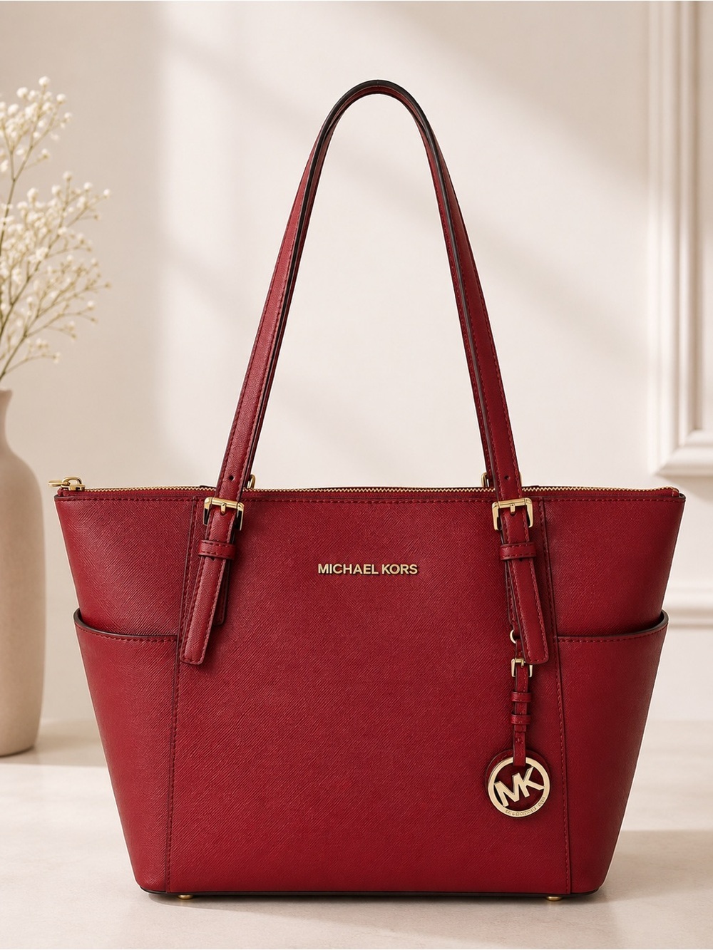 Michael Kors Burgundy Saffiano Leather Large Zip Tote Shoulder Work Bag
